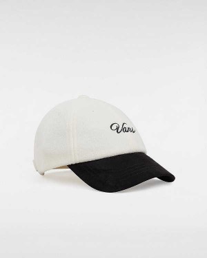 White Vans Script Curved Bill Jockey Unisex Hats | VN6754839
