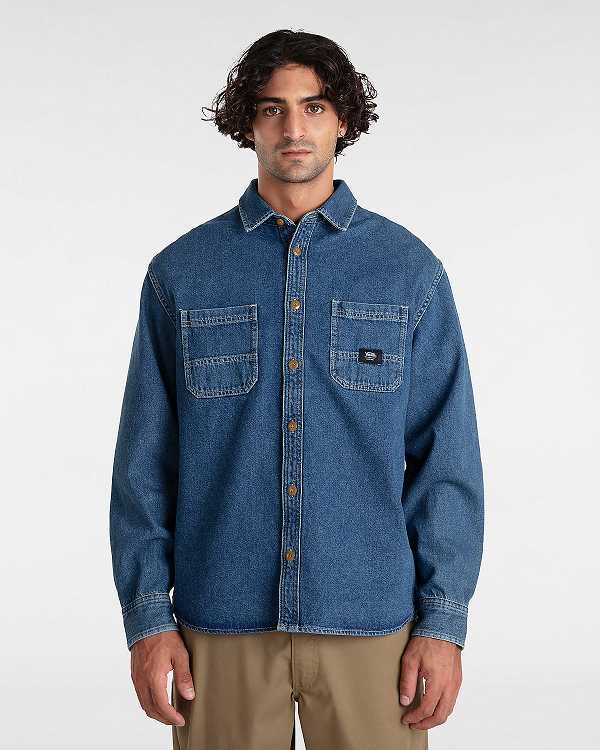 Blue Vans Stevens Denim Long Sleeve Men Shirts | VN9470268