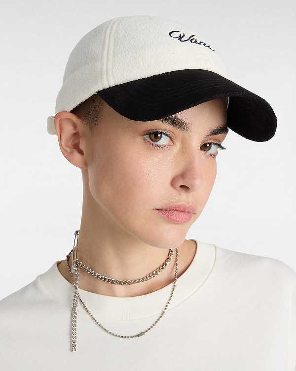 White Vans Script Curved Bill Jockey Unisex Hats | VN6754839
